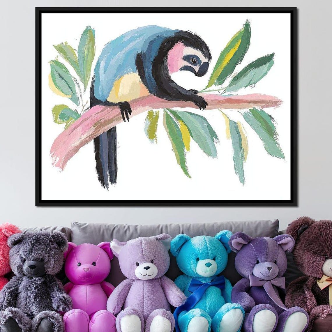Pastel Sloth Hanging On A Branch With Soft Tropical Leaves Art Print - Image 4