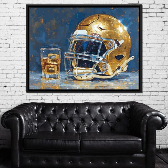 Golden Football Helmet Whiskey Glass Game Day Man Cave Sports Print