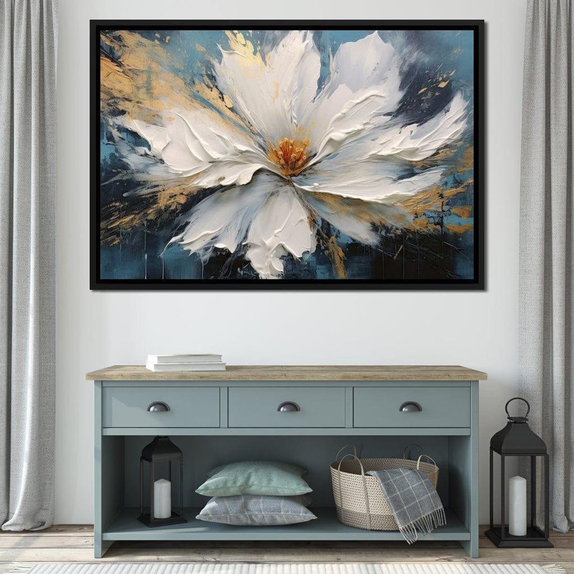 White Magnolia Bloom Gold Accent Navy Five Panel Wall Art Poster - Image 4