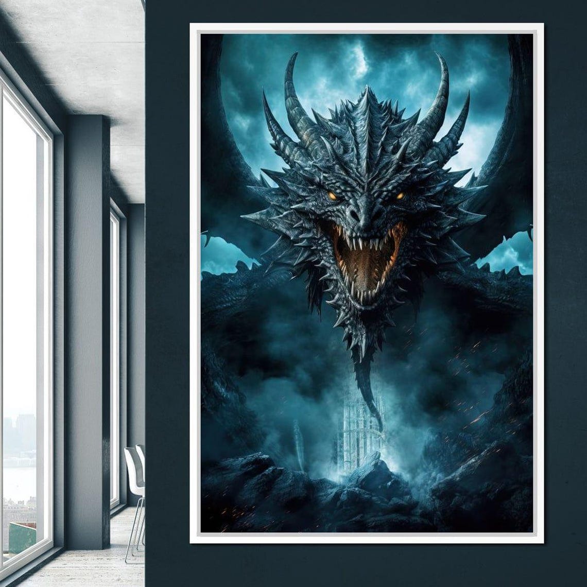 Fierce Blue Dragon Dark Fantasy Head Smoky Mystical Gothic Wall Art - Image 2