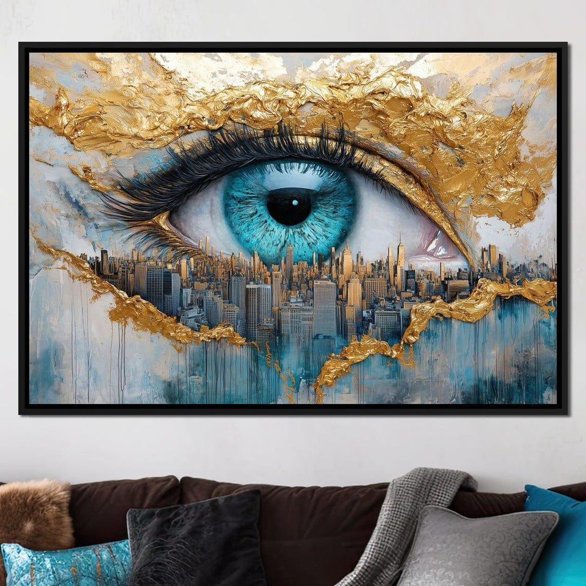 Golden Turquoise Eye Over City Skyline Multi Panel Luxury Wall Art - Image 4