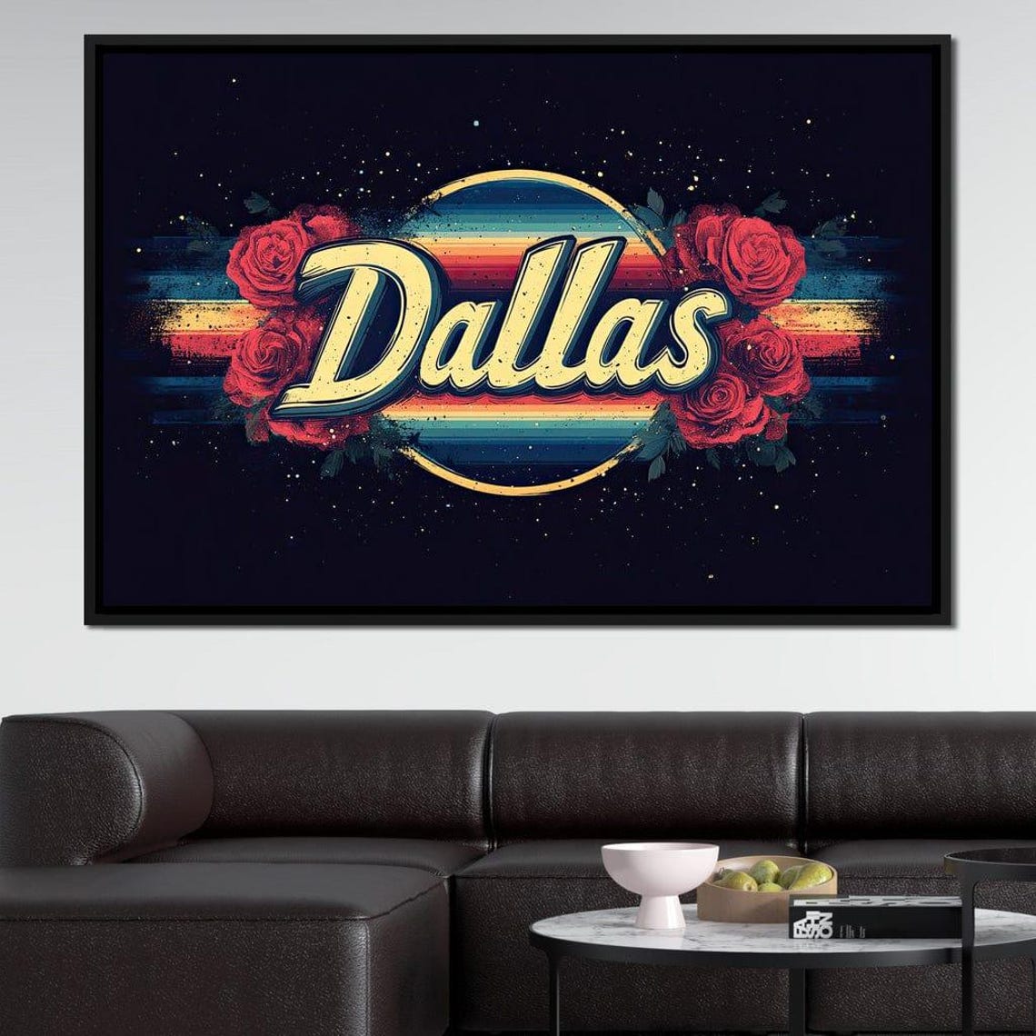 Dallas Retro 70s Script Red Roses Rainbow Sunset Circle Poster