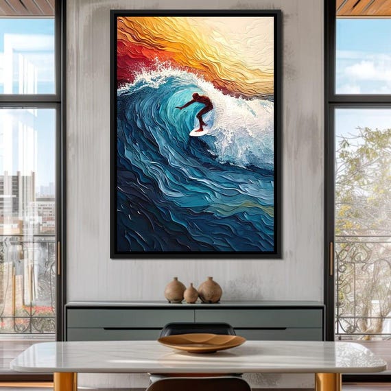 Azure Voyager On Oceans Crest Coastal Home Decor Surfing Scene Vibrant Wave Art Coastal Sunset Seascape By Nichecanvas