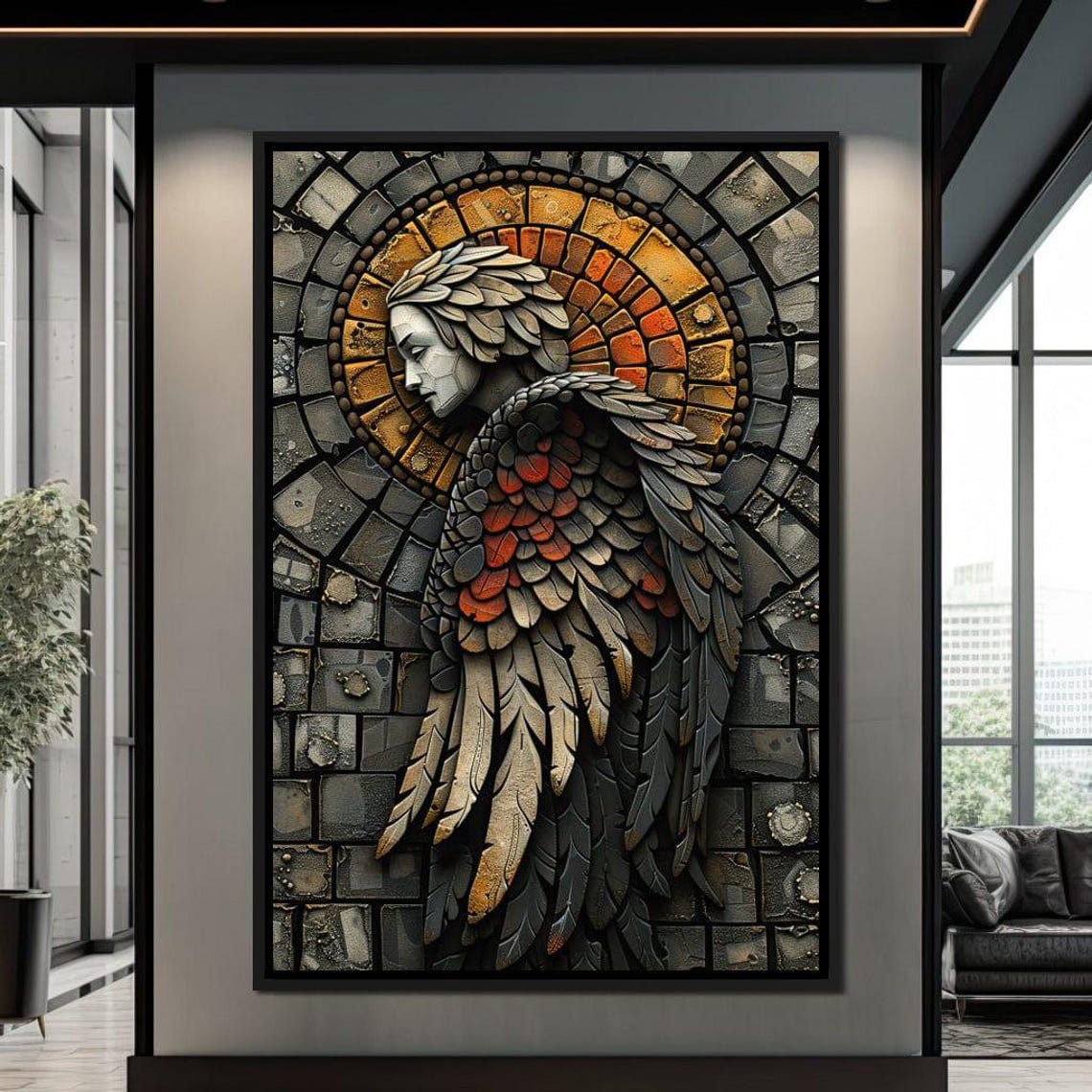 Guardian Angel Mosaic Stone Wings Orange Halo Spiritual Decor Wall Art - Image 4