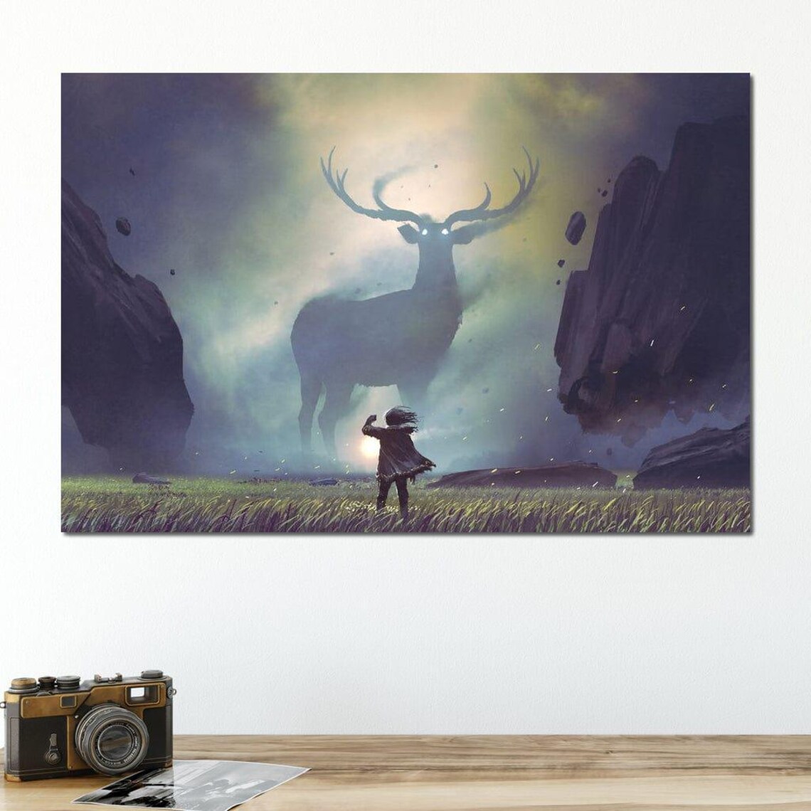 Spiritual Giant Deer Mystic Girl Fantasy Enchanted Field Wall Art - Image 4
