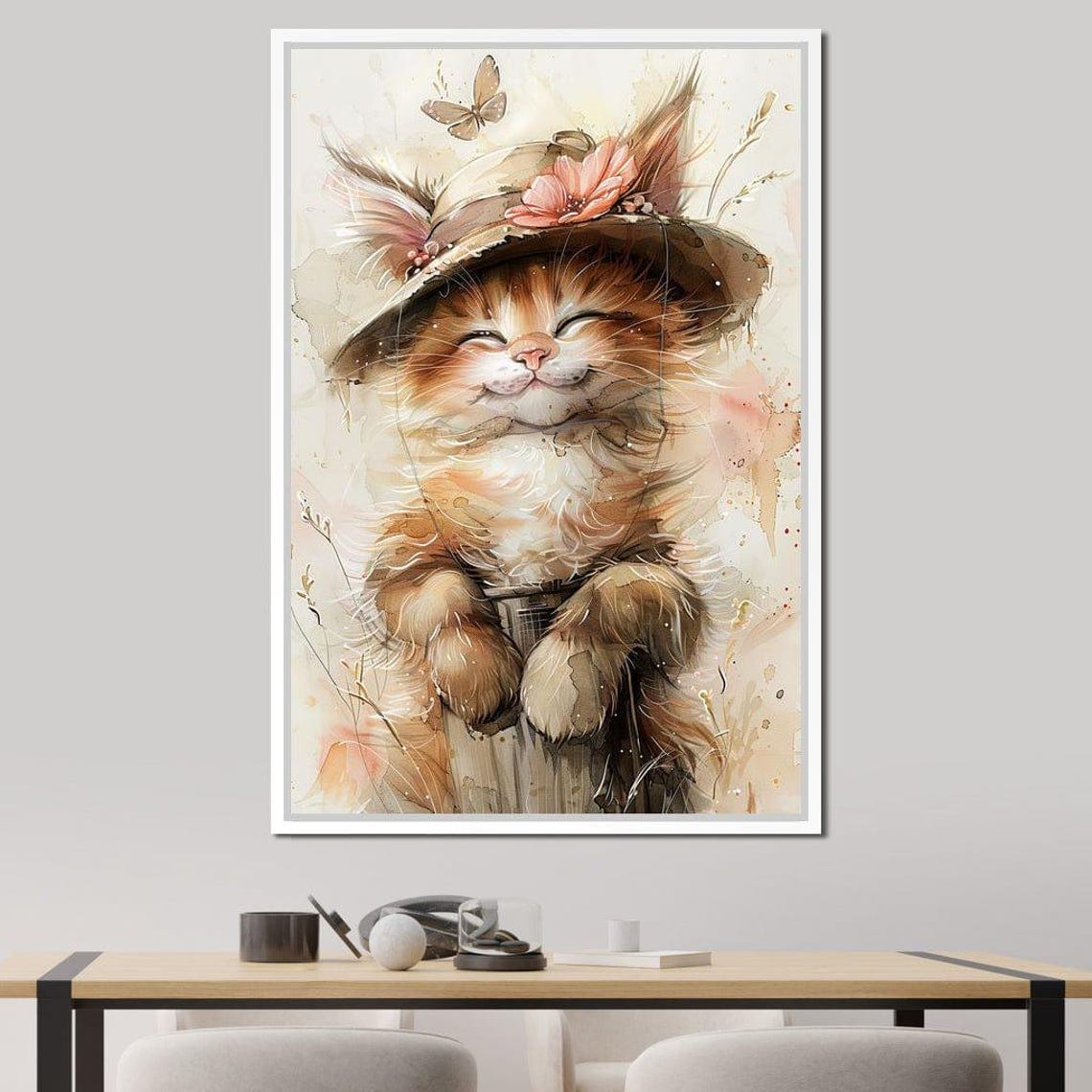 Watercolor Kitten Wearing Floral Straw Hat Autumn Butterfly Art Poster - Image 4