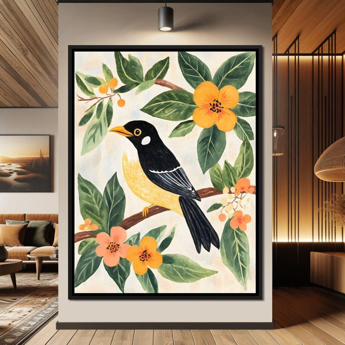 Tropical Yellow Black Bird Flowering Branch Framed Bird Wall Art