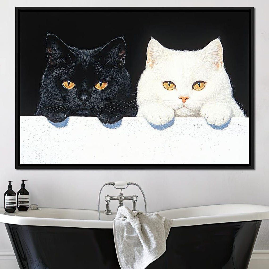 Black White Cats Peeking Over Edge Contrast Framed Cute Wall Art - Image 2