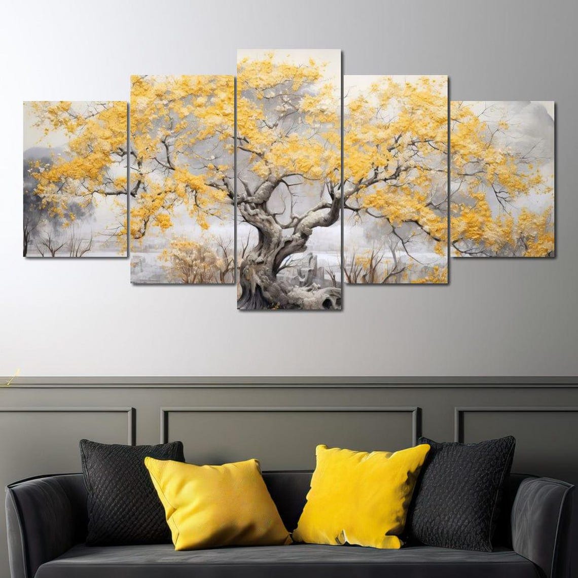 Golden Blossom Tree Misty Grey Landscape Serene Autumn Nature Wall Art - Image 4