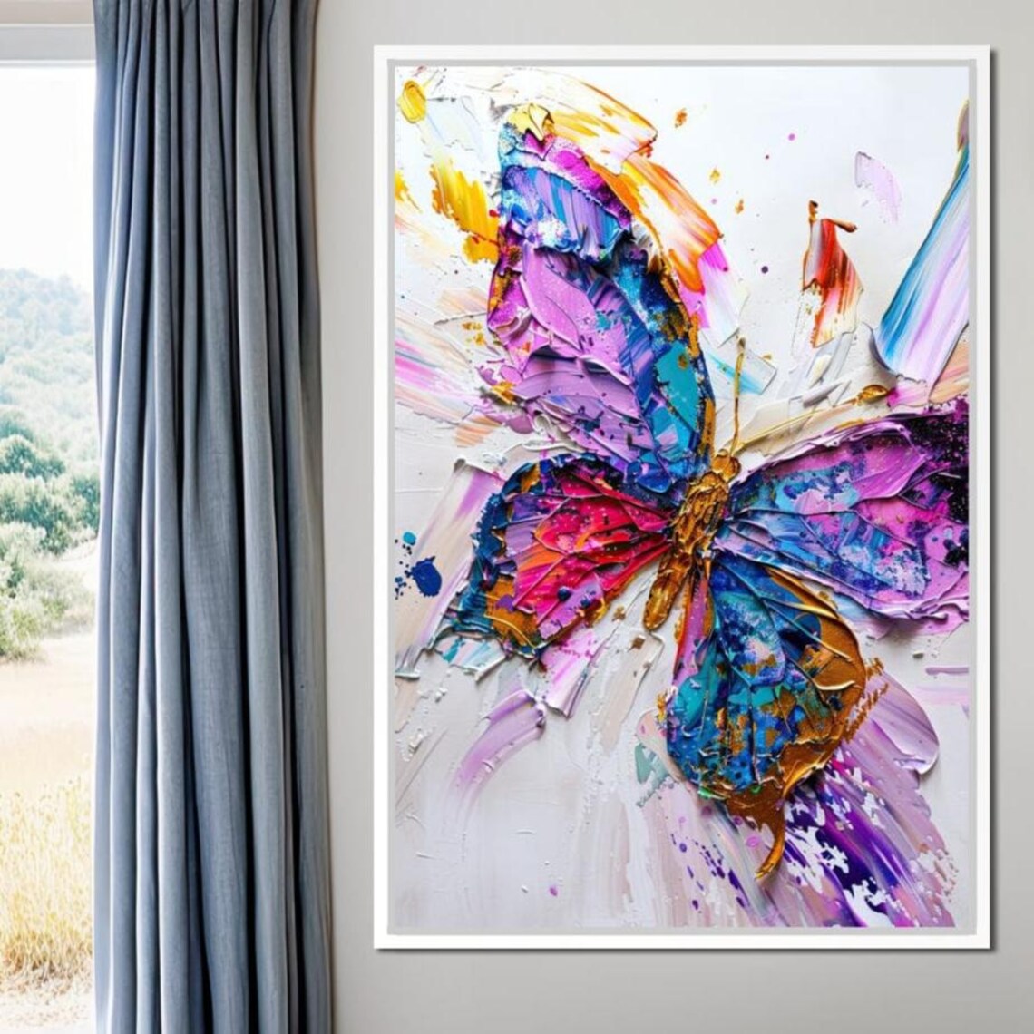 Kaleidoscopic Butterfly Purple Blue Pink Gold Impasto White Wall Art