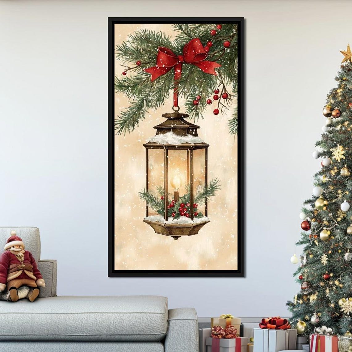 Glowing Christmas Lantern With Red Bow Pine Branches Holiday Poster - Image 3