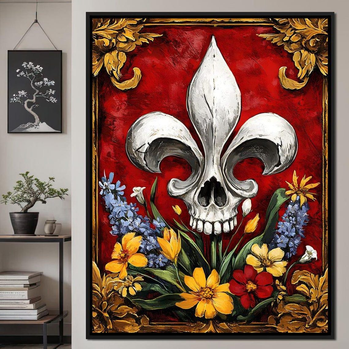 Fleur De Lys Skull Fusion with Blooming Flowers on Red Poster