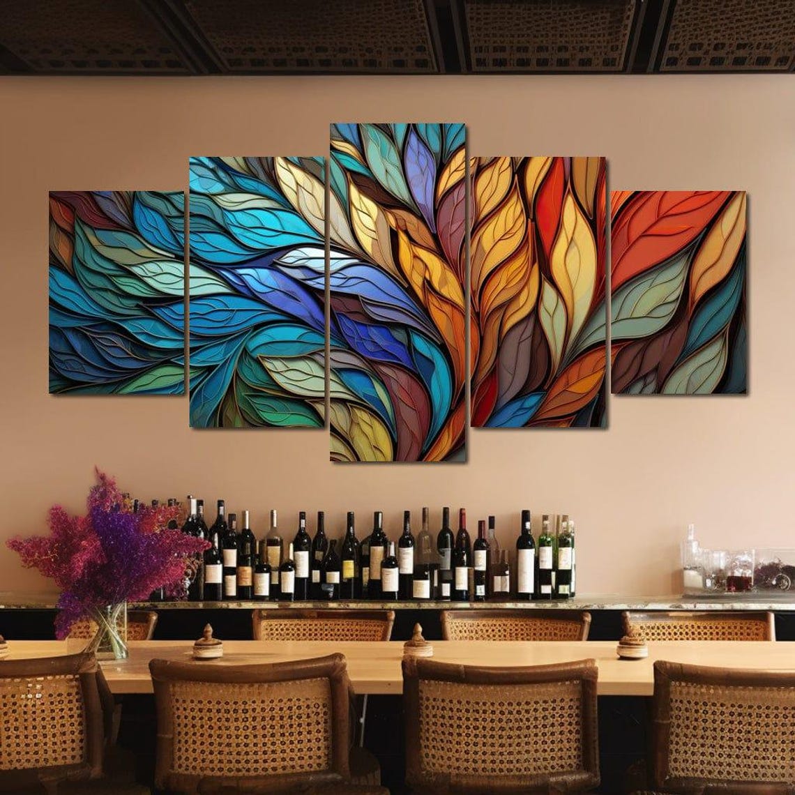 Stained Glass Leaf Mosaic Teal Amber Five Panel Wall Art Poster