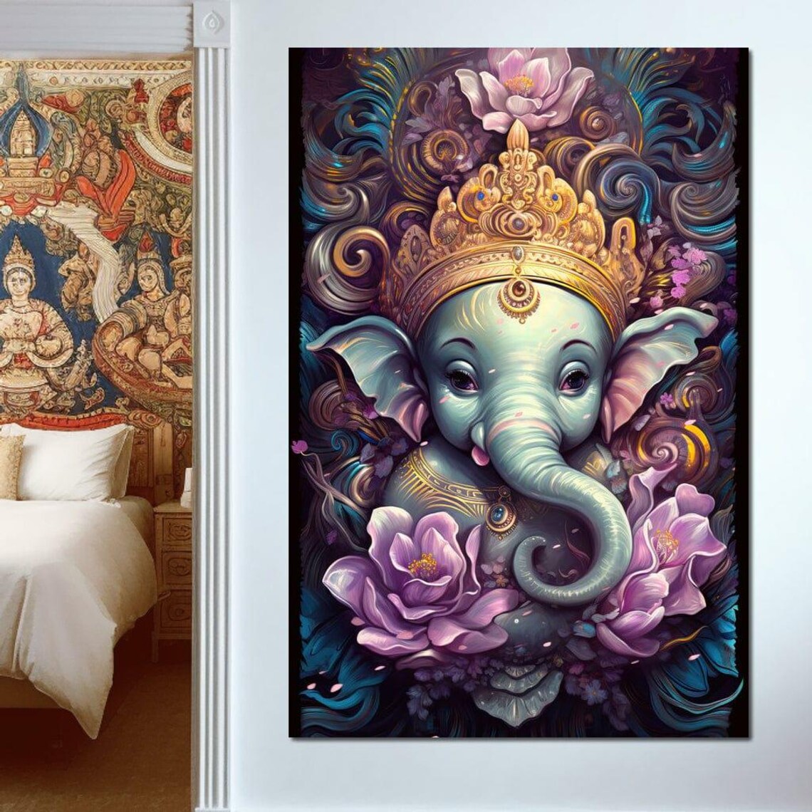 Baby Ganesha Teal Elephant God Golden Crown Pink Lotus Art Poster - Image 3