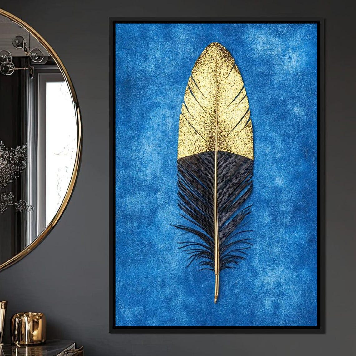 Gold Dipped Black Feather On Vibrant Blue Modern Statement Wall Art - Image 4