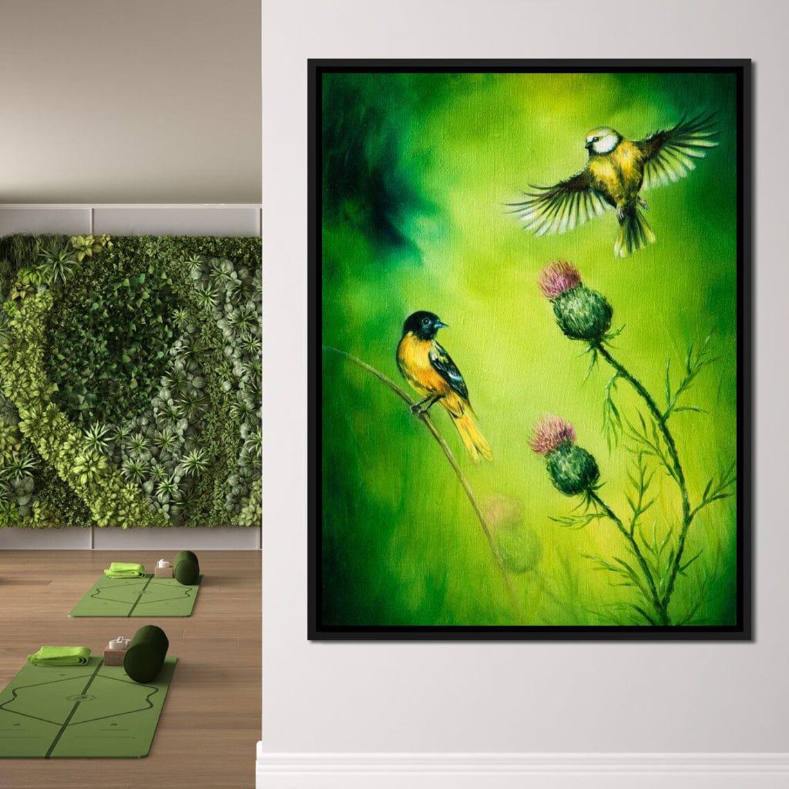 Emerald Songbirds Vibrant Green Nature Pair Of Birds Flying Wall Art