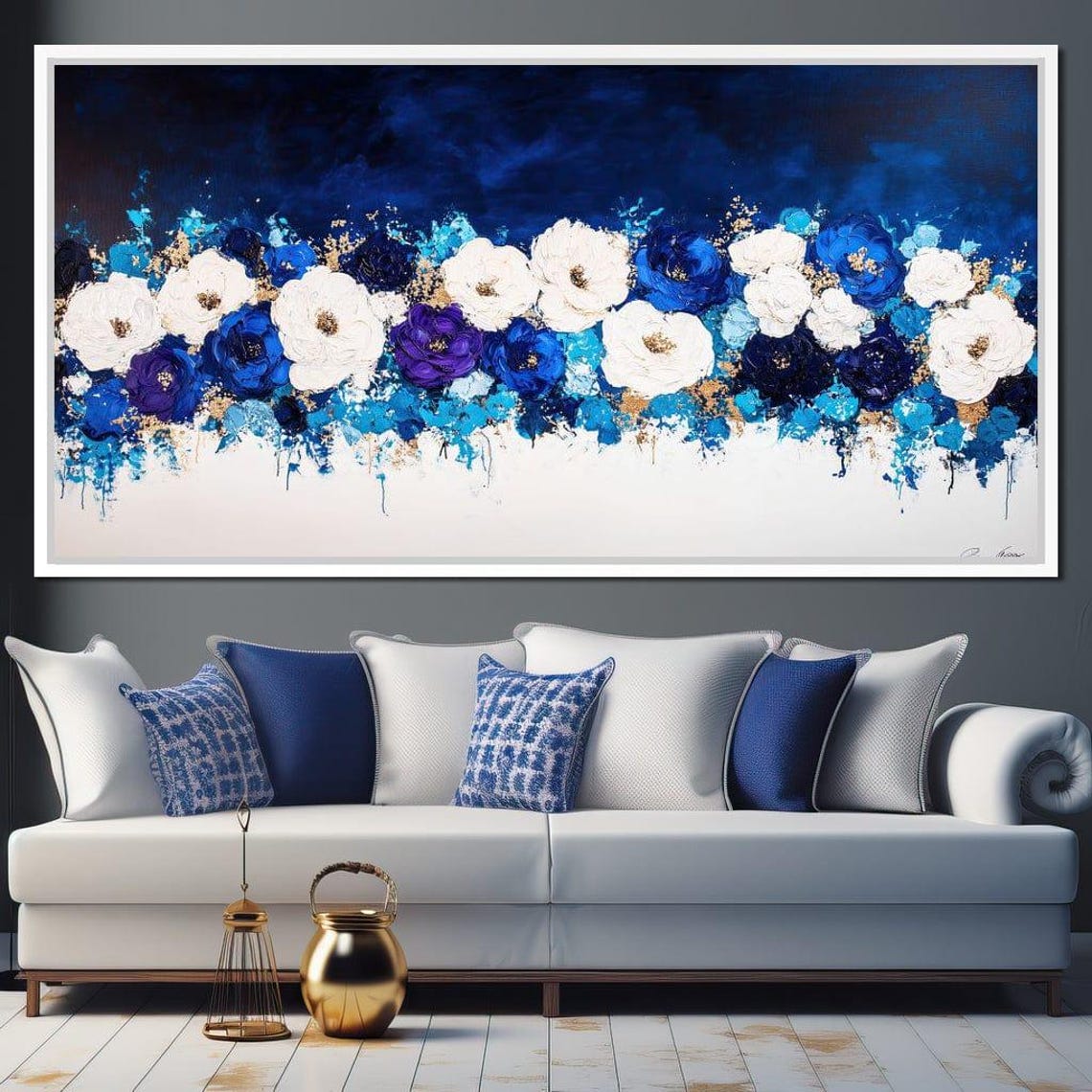 Nocturnal Blue White Purple Flowers Gold Flecks Impasto Floral Poster - Image 2