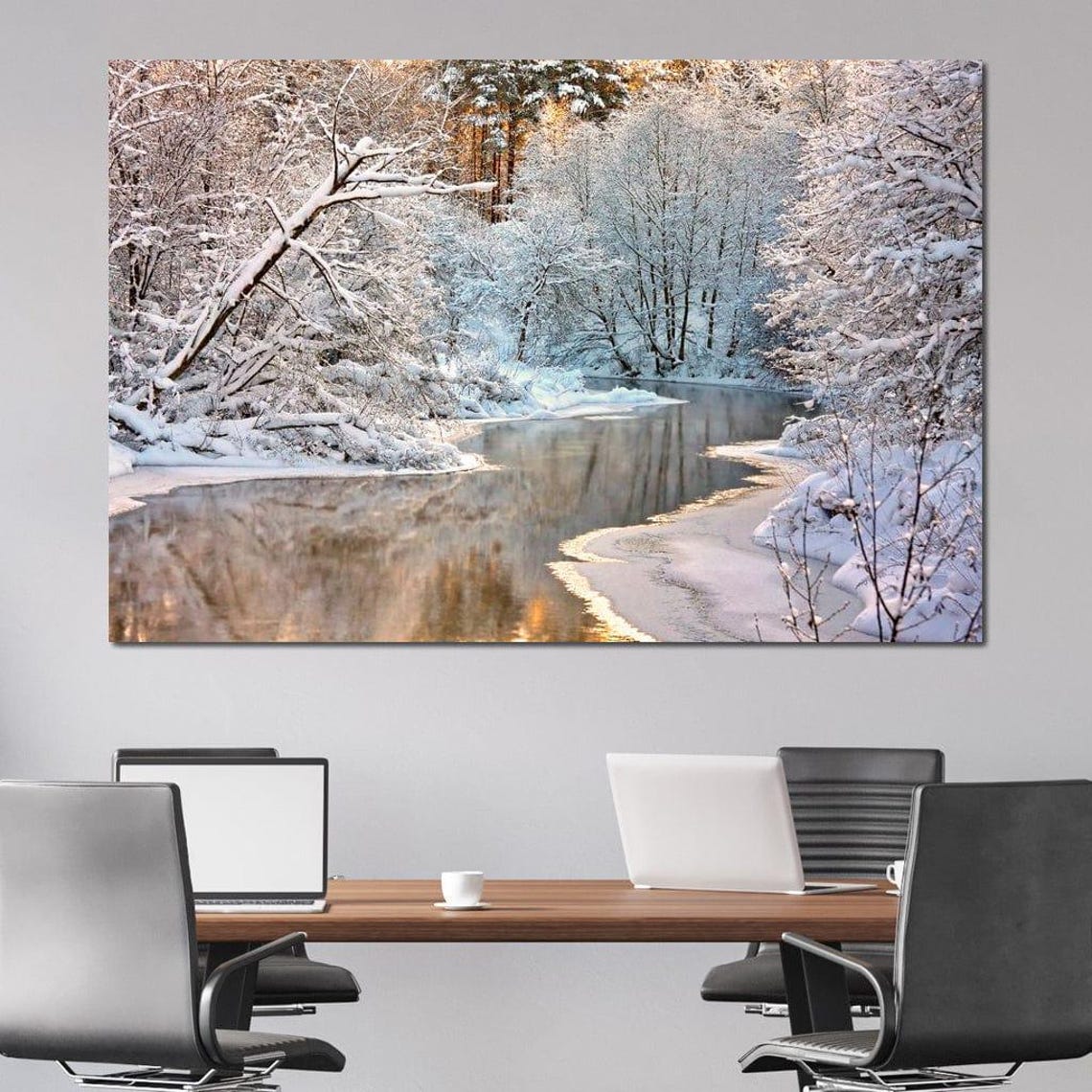 Snowy Winter River Forest Landscape Multi Panel Wall Art Poster - Image 2