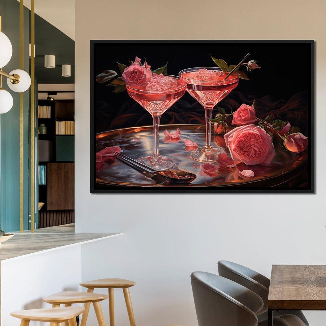 Pink Rose Cocktails Crystal Glasses Dark Moody Bar Wall Art Poster
