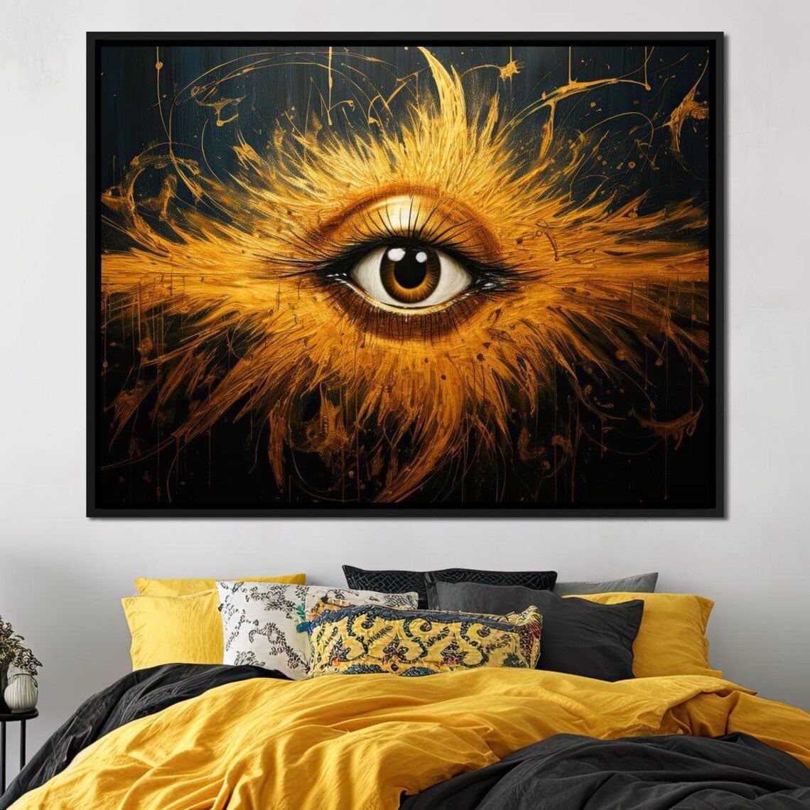 Radiant Golden Eye Fiery Feathered Visionary Black Gold Art Poster