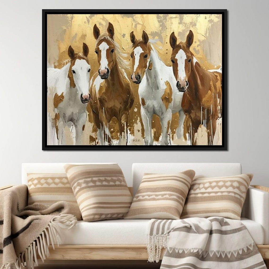 Four Horses Golden Background Elegant Equestrian Animal Art Poster