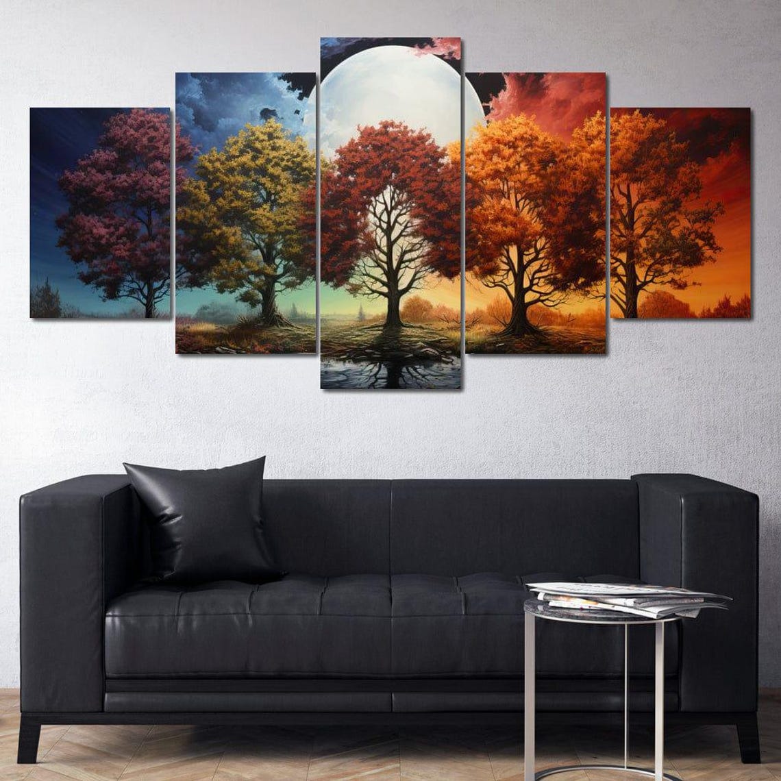 Four Seasons Five Trees Full Moon Five Panel Nature Wall Art Poster - Image 2