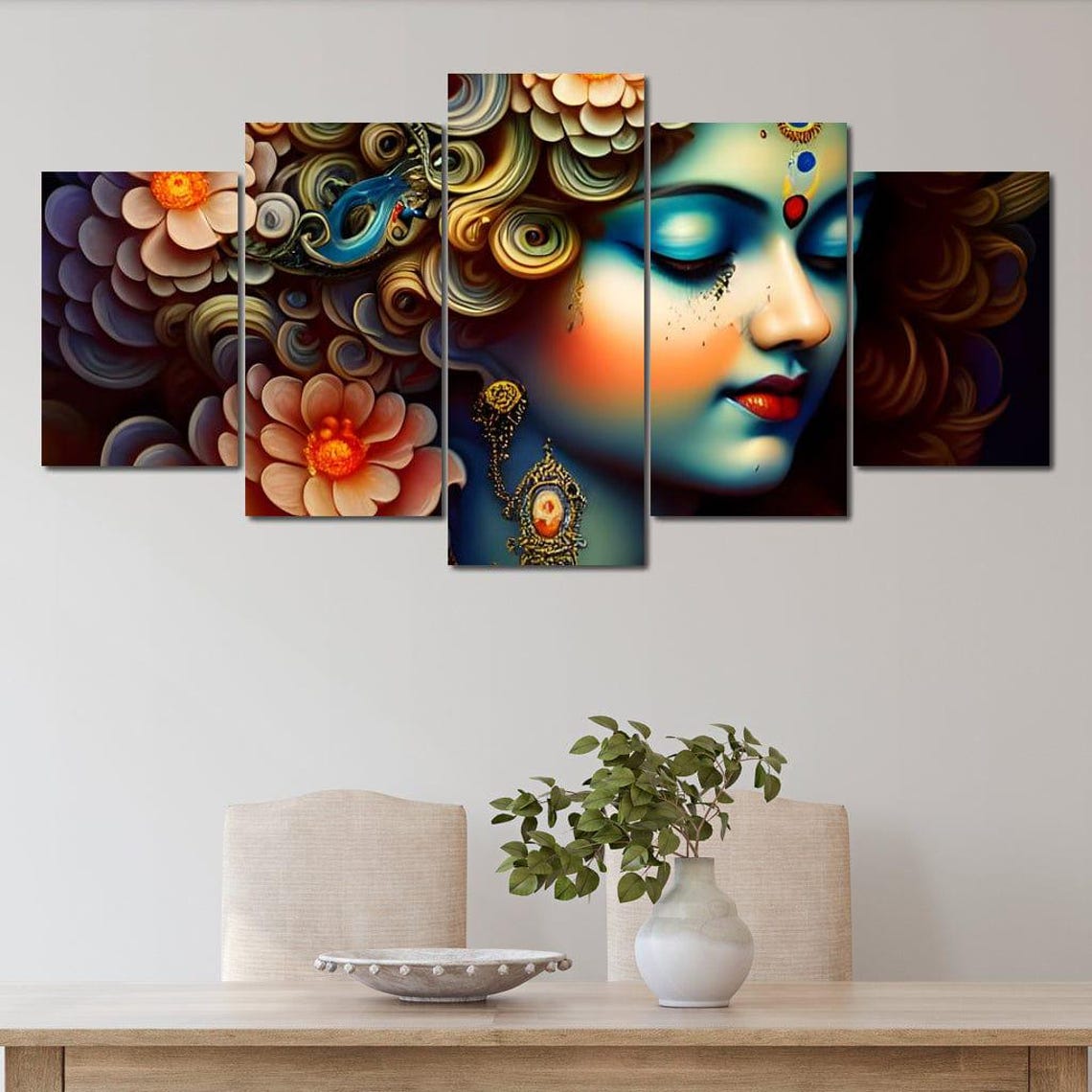Hindu Goddess Profile Five Panel Blue Floral Spiritual Wall Art Print - Image 4