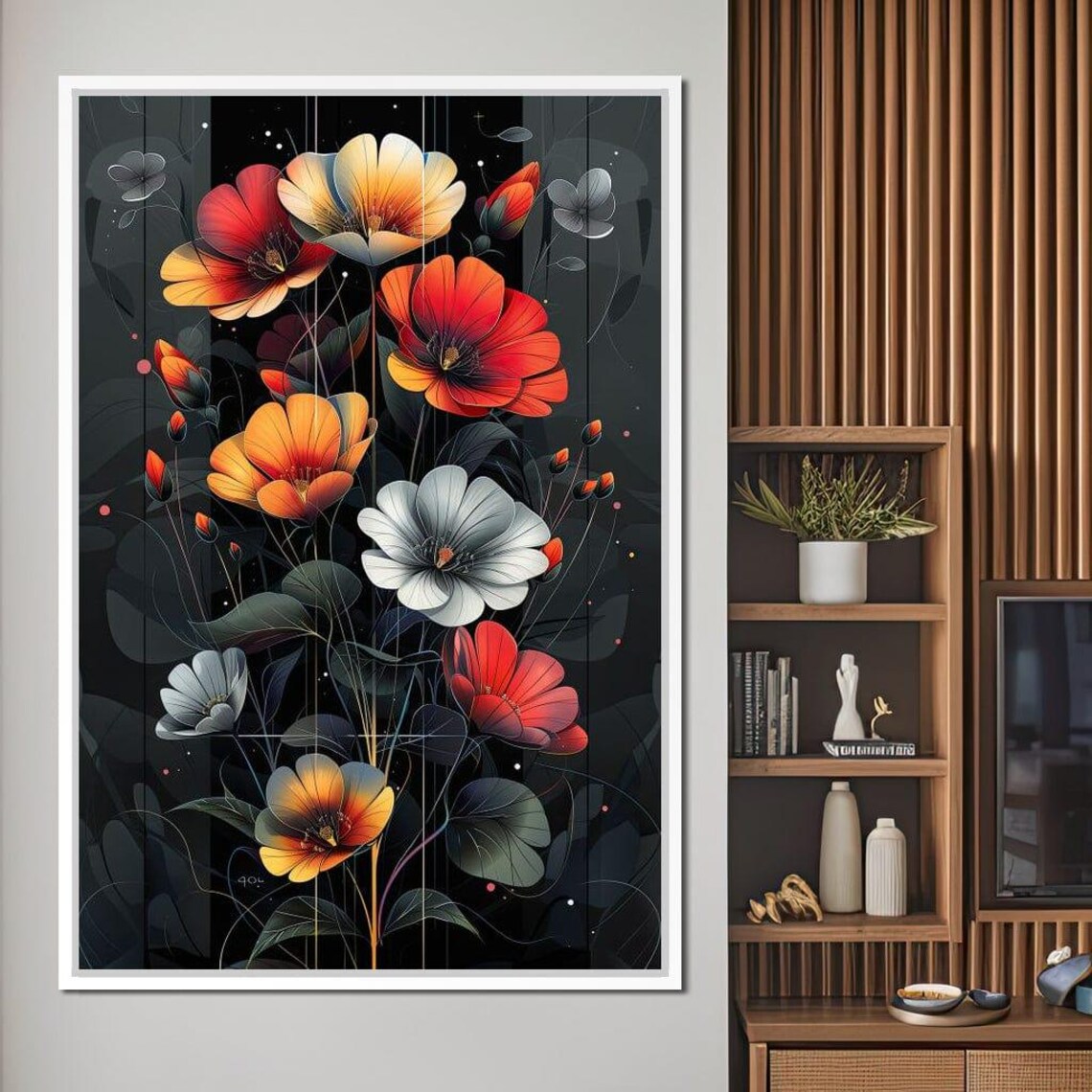 Moonlit Poppies Vibrant Red Orange Floral Blooms Night Garden Wall Art - Image 2