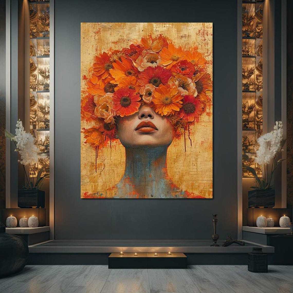 Autumn Daisies Woman Face Vintage Texture Warm Floral Art Print - Image 2