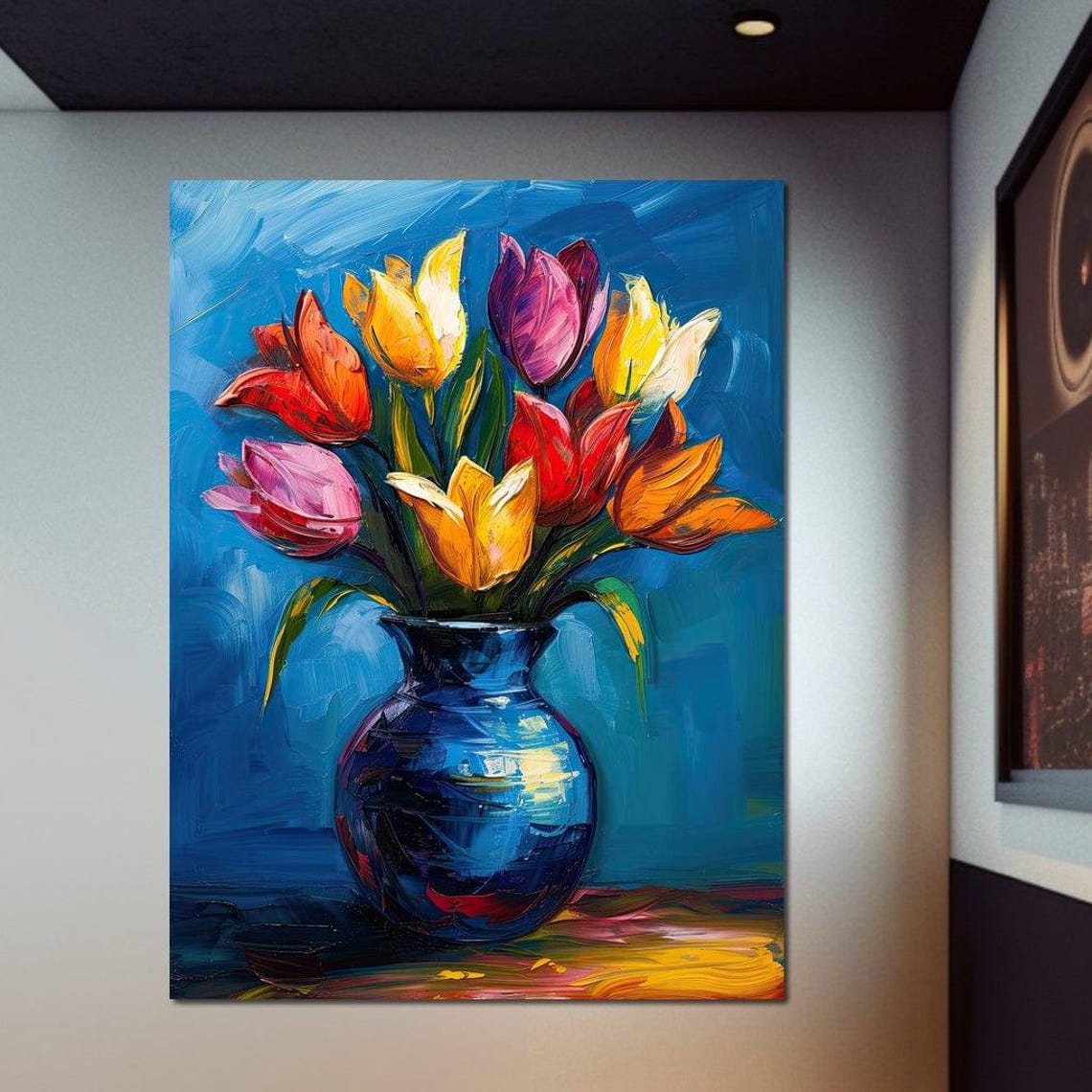 Colorful Tulips Bouquet Blue Vase Impasto Oil Painting Floral Poster - Image 2