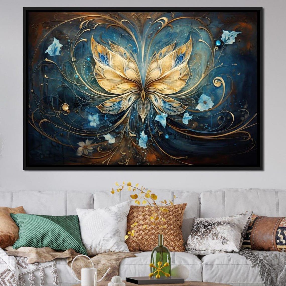 Golden Butterfly Abstract Blue Swirl Elegant Gold Wall Art Poster - Image 2