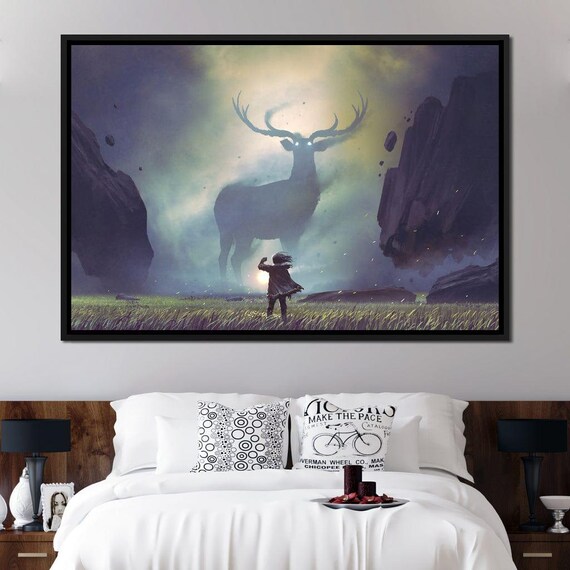 Spiritual Giant Deer Mystic Girl Fantasy Enchanted Field Wall Art