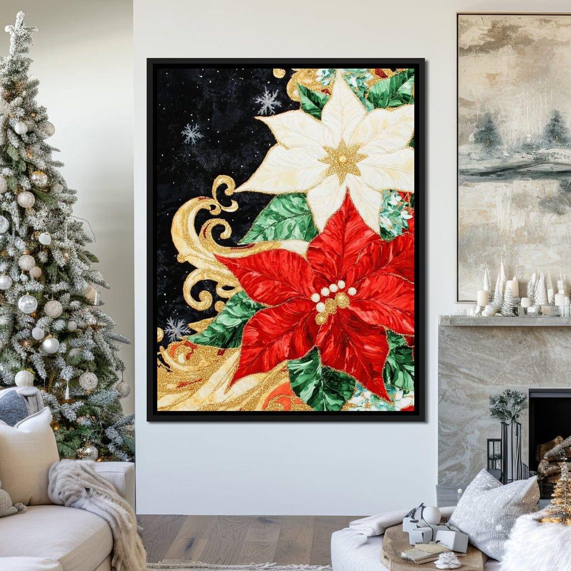 Red And White Poinsettia Gold Swirls Black Holiday Floral Poster