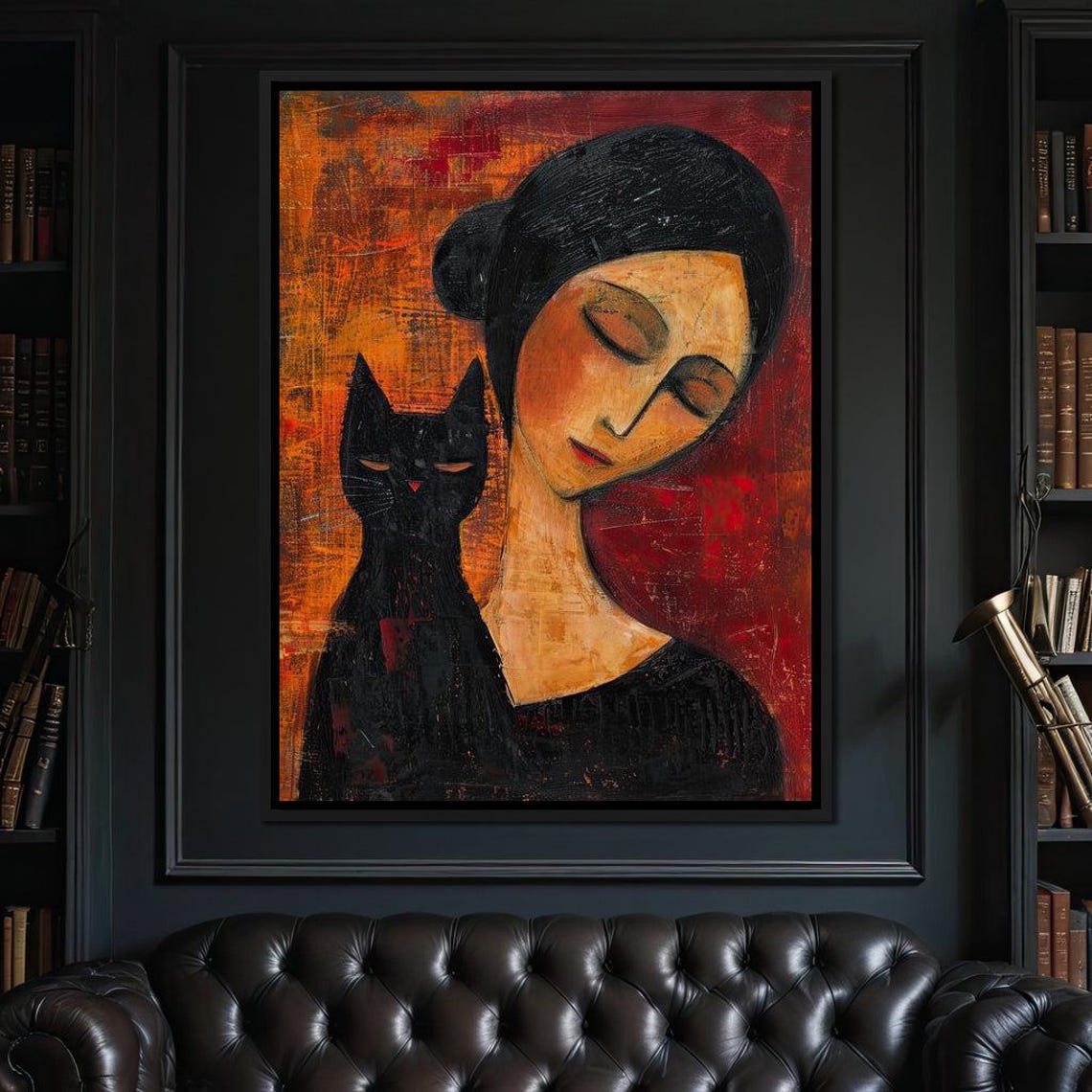 Abstract Woman With Black Cat Cozy Warm Orange Tones Wall Art Poster - Image 3