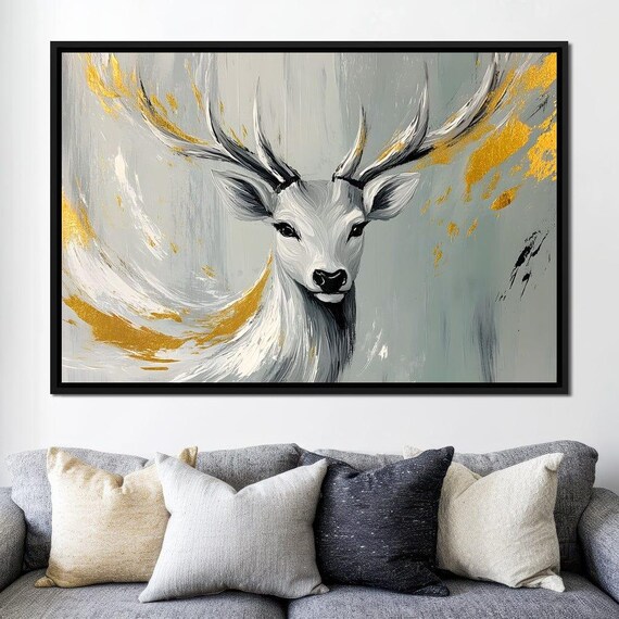 Serene White Stag Portrait with Golden Leaf Brushstrokes Poster