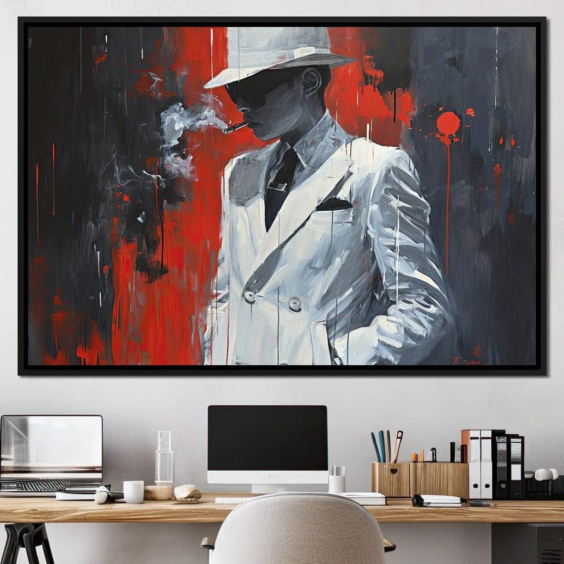 Dapper Man White Suit Fedora Cigar Noir Red Black Urban Portrait Print - Image 3