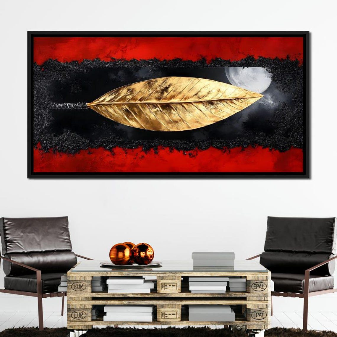 Golden Leaf Feather on Black and Red with Moon Night Sky Poster - Image 4