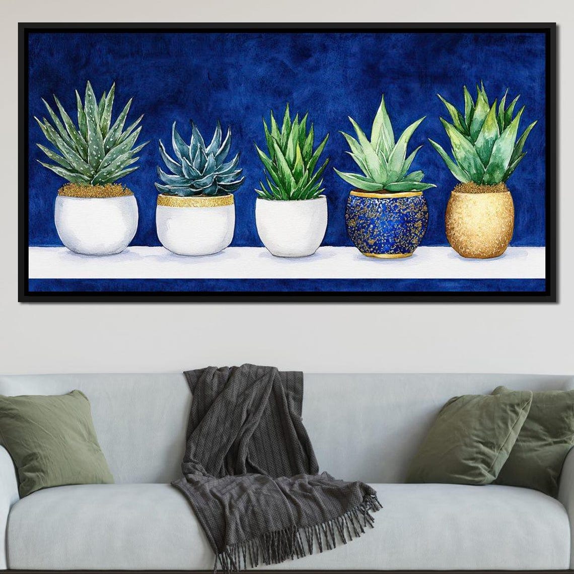 Five Potted Succulents And Agave On Deep Navy Blue Botanical Wall Art - Image 2