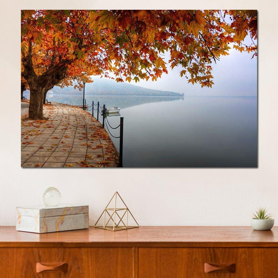 Autumn Lakeshore Promenade Red Plane Trees Misty Lake Travel Poster - Image 4