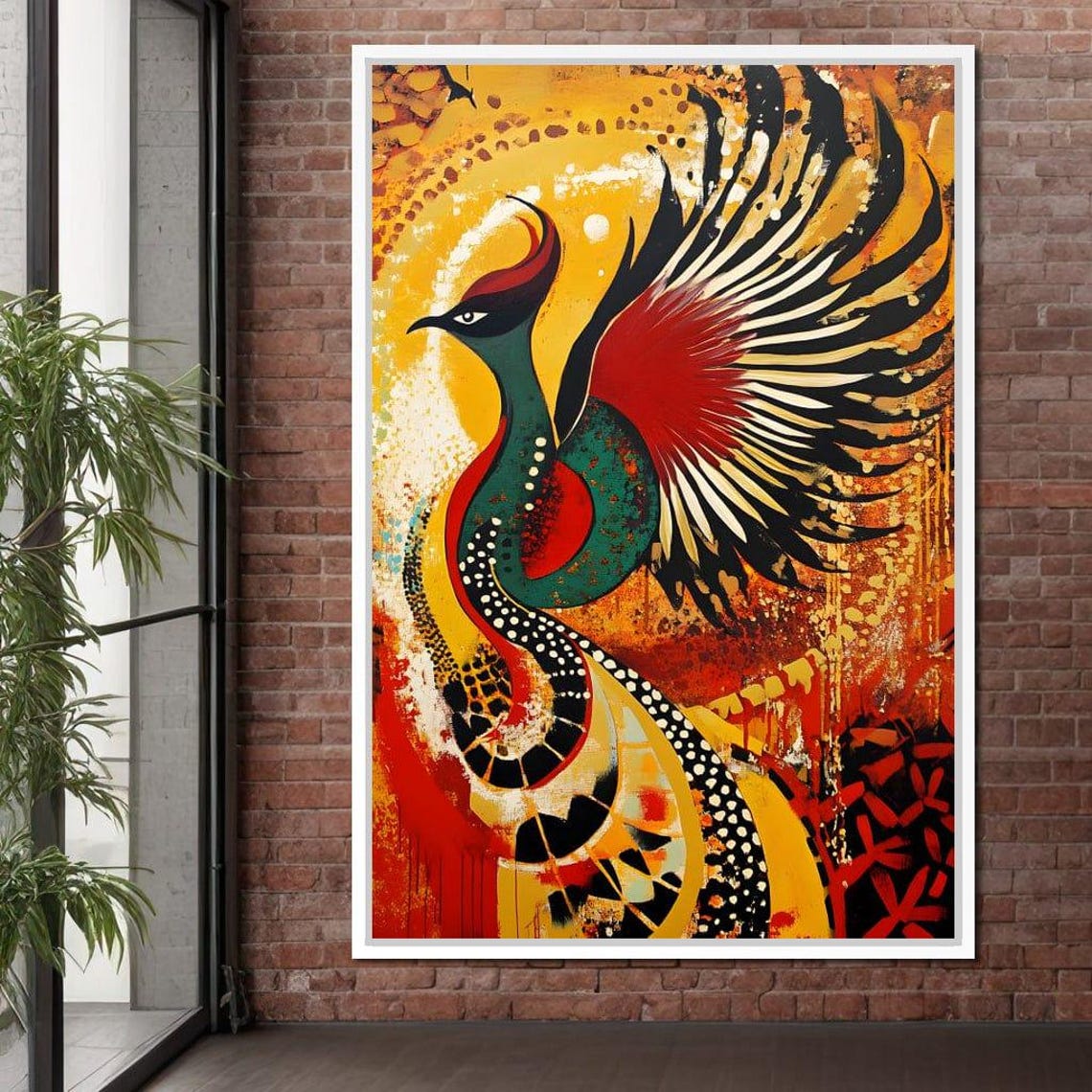 Vibrant Red And Green Phoenix Rising Through Golden Flames Art Print - Image 2