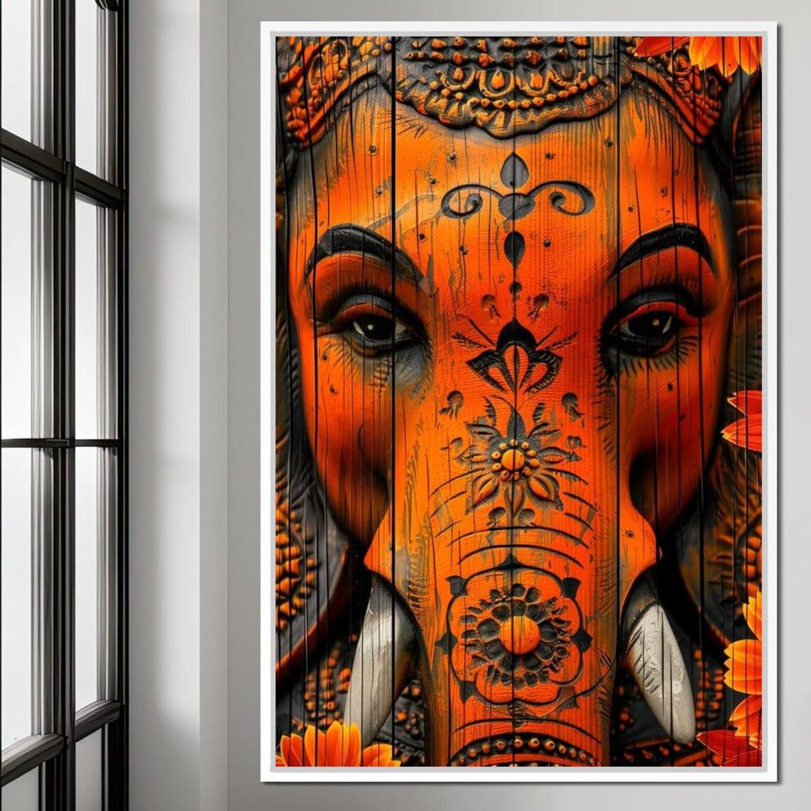 Orange Ganesha Face Intricate Carved Style Hindu Spiritual Decor Art Poster - Image 3