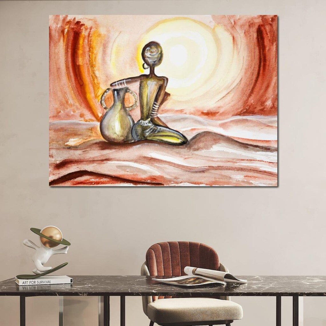 African Woman With Clay Jug Desert Sunset Watercolor Warm Tones Poster - Image 3