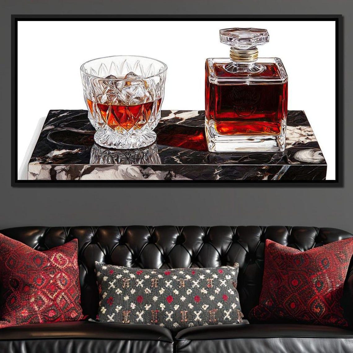 Crystal Whiskey Decanter And Glass On Marble Bar Decor Print - Image 3