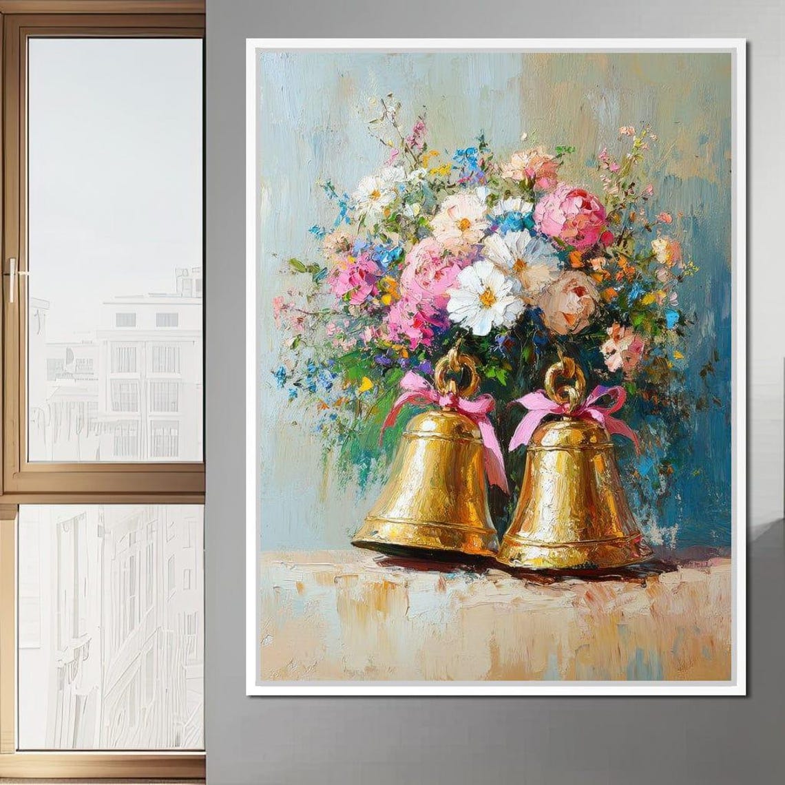 Two Golden Bells With Pink Ribbons Beneath Lush Floral Bouquet Poster