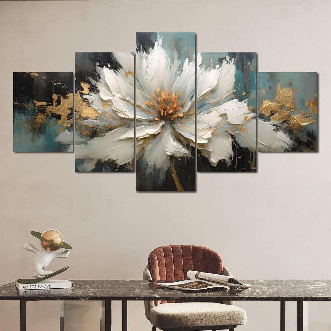 White Bloom Gold Splatter Five Panel Floral Modern Art Print