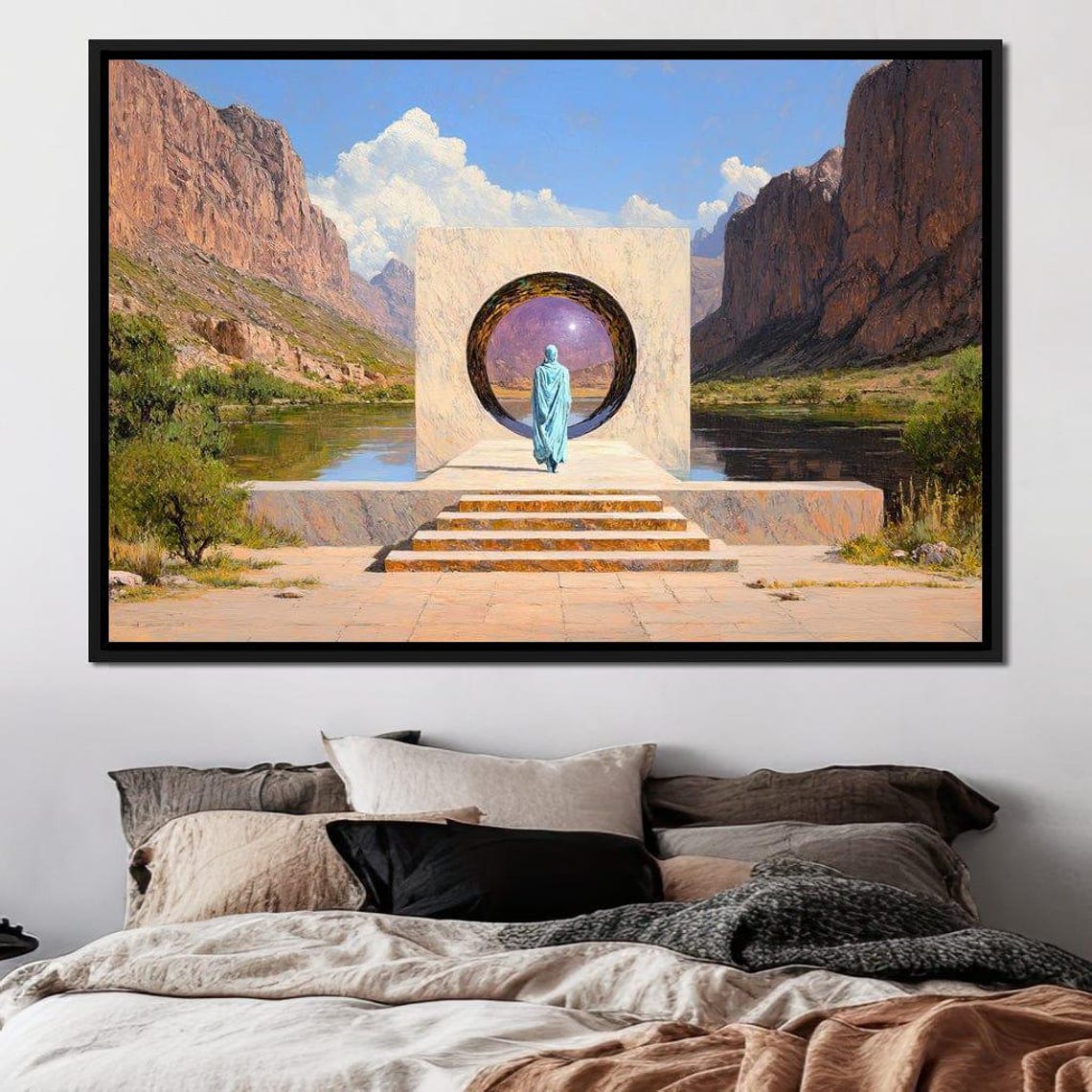 Stone Portal Desert Canyon River Robed Figure Surreal Journey Poster - Image 4