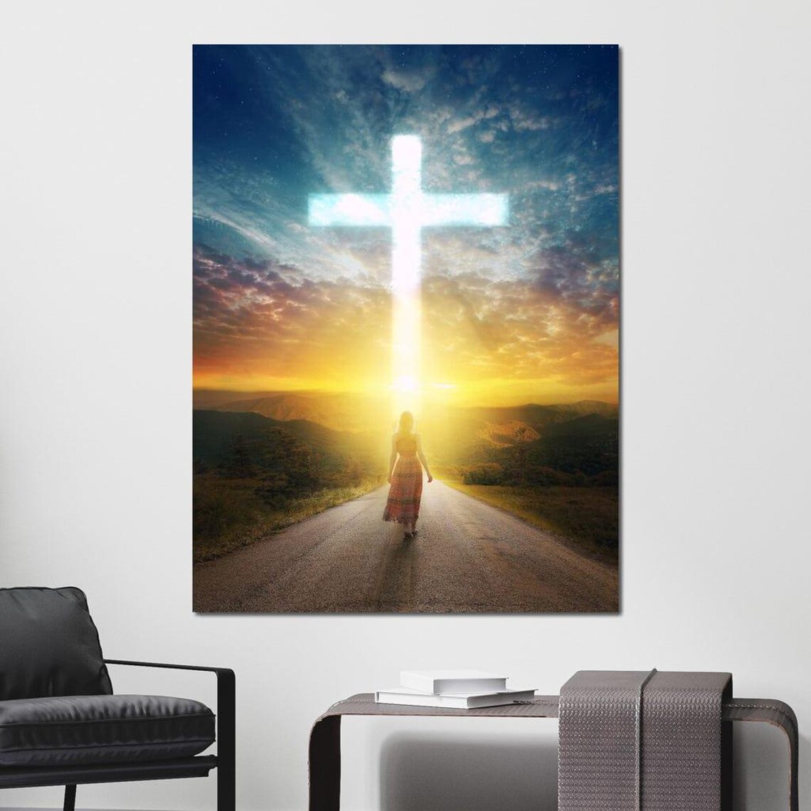 Faith Road Glowing Cross Sunset Journey Hopeful Spiritual Christian Poster - Image 3