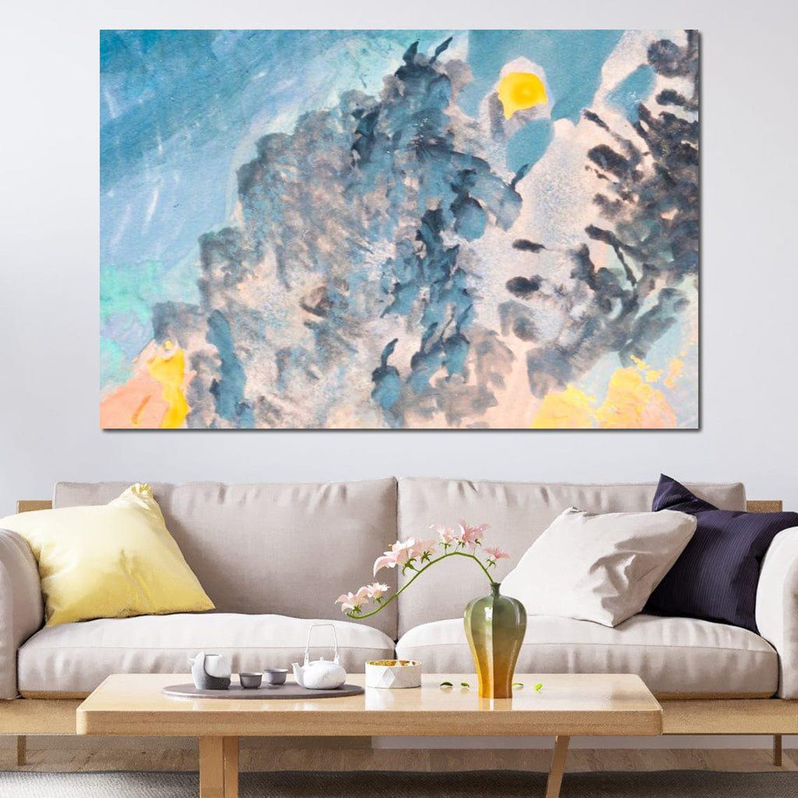 Blue Grey Watercolor Coastal Seascape Yellow Sun Modern Wall Art - Image 2