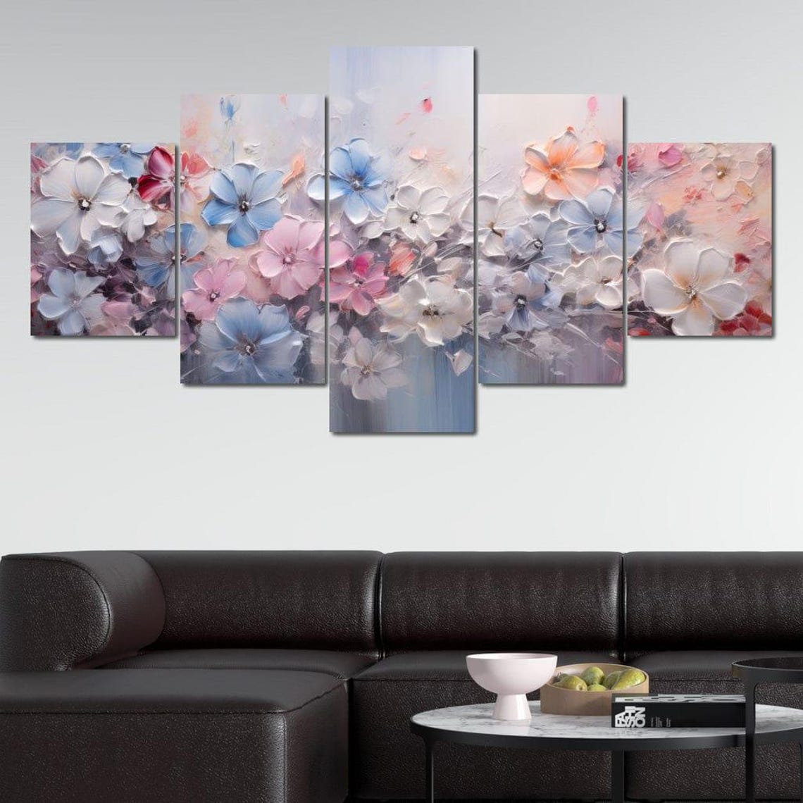 Pastel Wildflower Meadow Five Panel Canvas Floral Wall Art Poster