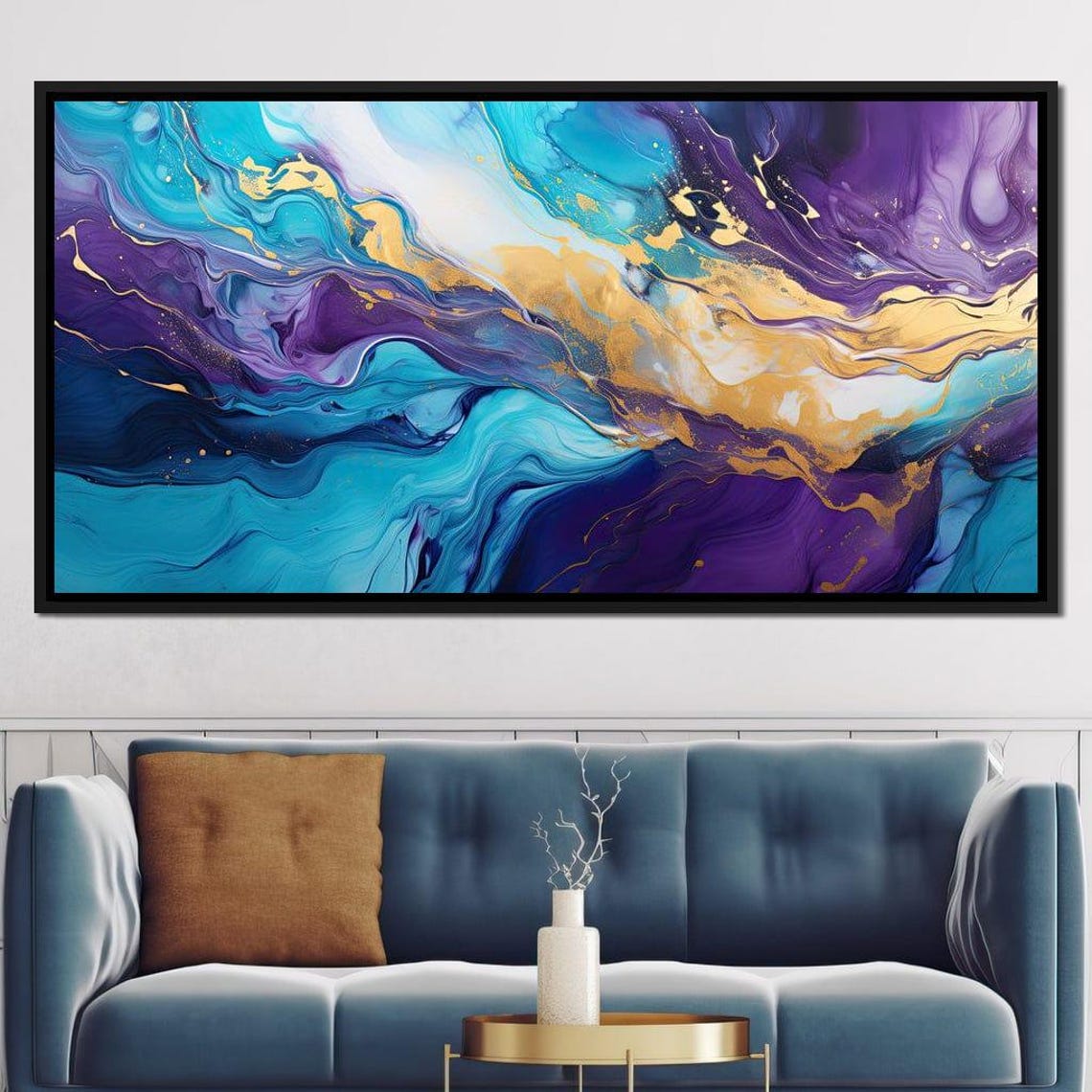 Purple Teal Gold Fluid Abstract 5 Panel Marble Wave Canvas Wall Art - Image 2